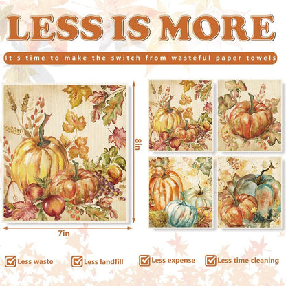 JarThenaAMCS 4Pcs Fall Swedish Kitchen Dishcloth Watercolor Pumpkin Cotton Kitchen Towel Absorbent Dish Towel for Autumn Thanksgiving Home Party Housewarming Cleaning, 7 x 8 Inch