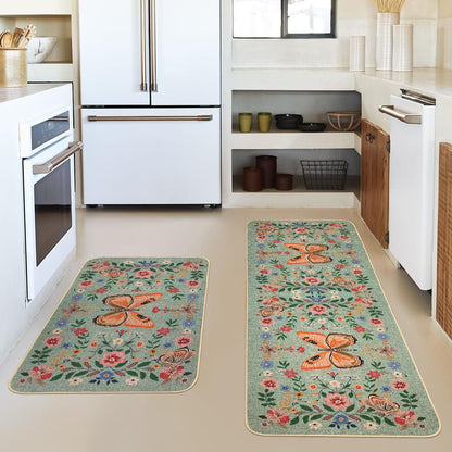 SHIYUE Boho Kitchen Mat Set of 2, Green Butterfly Flower Kitchen Rugs Farmhouse Modern, Non Skid Washable Rubber Runner Rugs, Kitchen Decor Accessories（17x47in+17x30in）