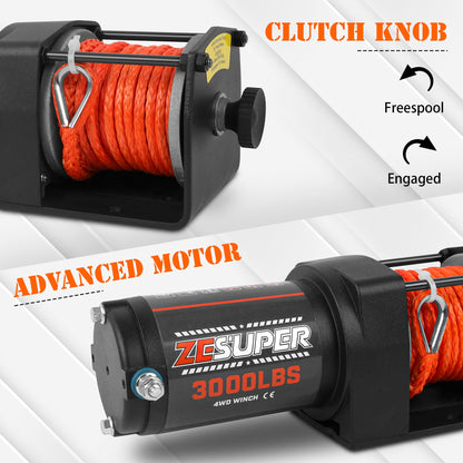 ZESUPER 3000 lb Electric Winch for ATV UTV Trailer Boat Synthetic Rope Winch 12V DC Off Road Towing Winches with Wireless Remote Mounting Bracket