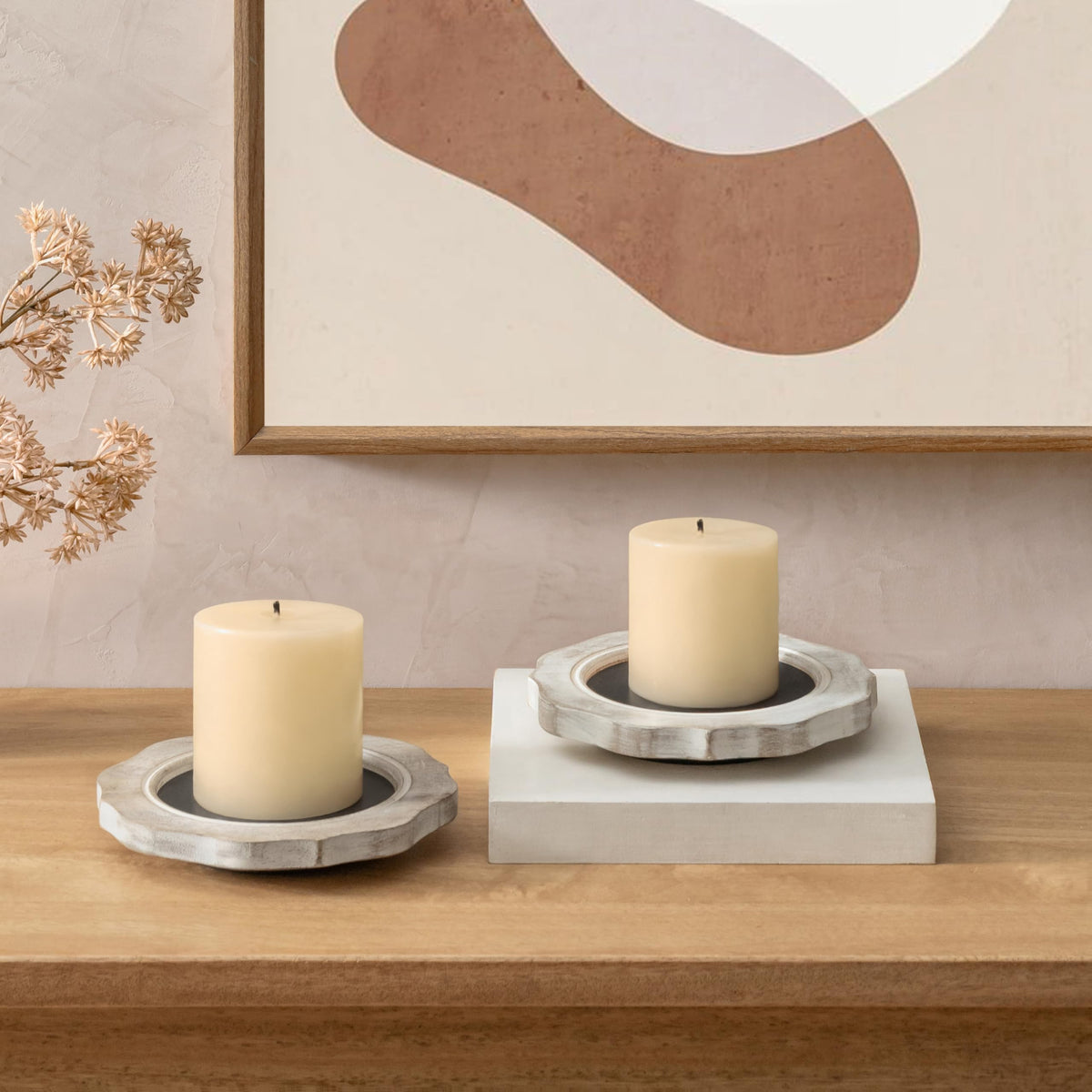 JFY Designs Hand Carved Solid Wood Candle Centerpiece Set of 2 - Pillar Candle Holders Decorative Candlestick Holder for Home Décor, Wedding, Dinning, Party