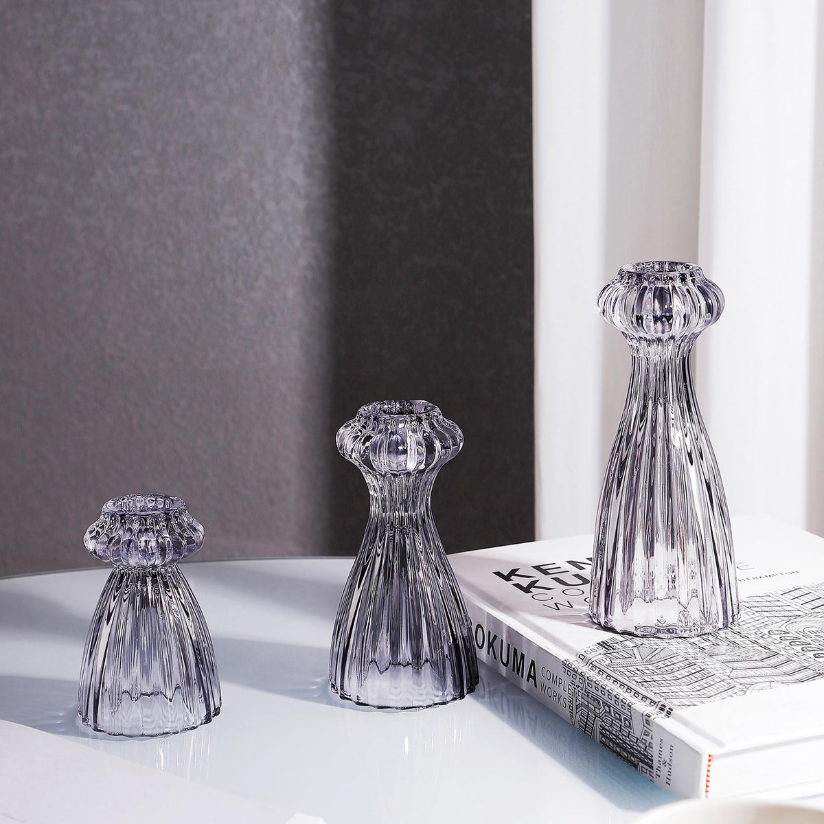 Lysenn Glass Candle Stick Holder Set of 3 – Premium Taper Candle Holders for Romantic Ambiance - Candle Sticks Holder Decor for Special Occasions - Smoke Gray