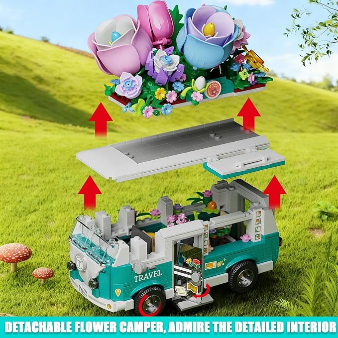 Flower Car Building Block Set City Camper Van Building Set Botanical Collection Flowers Vehicles Blocks Toys Friends Creative Gift for Boys Girls 6-12 Years Old (862 pcs)