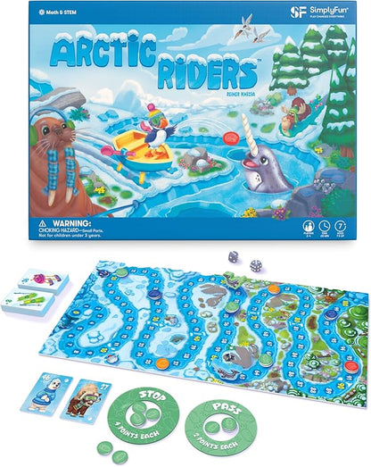 SimplyFun Arctic Riders - Educational &amp Fun Math Games for Kids - Practice Upper Level Addition &amp Subtraction Skills for Kids 7 &amp Up - 2 to 4 Players