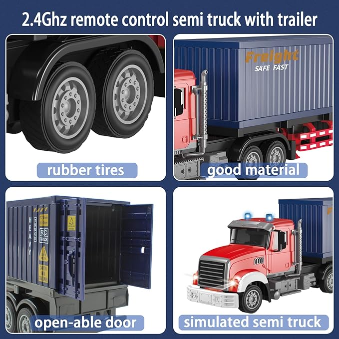 Mostop RC Semi Truck with Trailer - 22.5 Inch Remote Control Semi Truck Toy for Kids 1:24 Scale Container Truck with 2 Batteries Carrier Van Transport Vehicle with LED Light &amp MusicGreat Gift