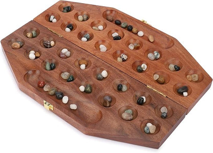 Ajuny Wooden Mancala Board Game Set – Classic Board Games Portable Folding Travel Mancala Board with Marbles (96 Stones) Ideal Family Wooden Games for Adults &amp Kids