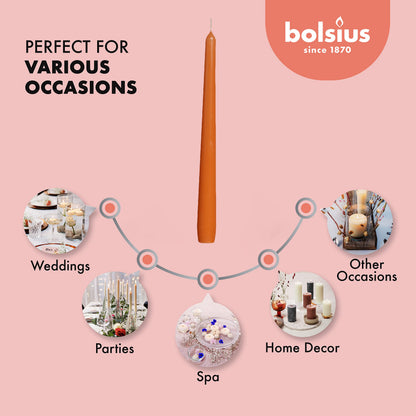BOLSIUS Orange Taper Candles - 4 Pack Unscented 10 Inch Dinner Candle Set - 8 Hours Burn Time - Premium European Quality - Smokeless and Dripless Household Wedding, Party, and Home Decor Candlesticks