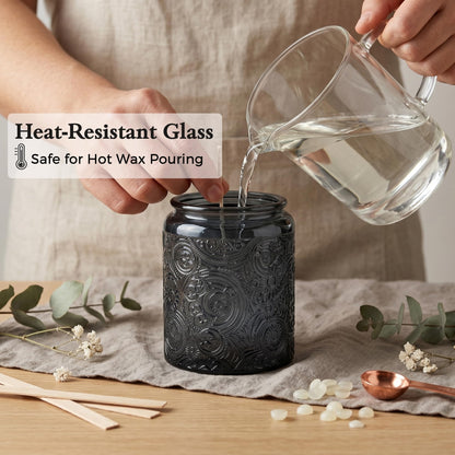 Art Secret 9-Pack 8oz Embossed Glass Candle Jars with Lids and Labels - Sun Moon Stars Design (Gray)