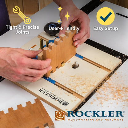 Router Table Box Joint Jig - Finger Joint Indexing Keys w/Three Finger Widths ¼”, ⅜” & ½” - Stable MDF Router Fence w/Low-Friction Melamine Coating - Knobs to Lock Platform w/ ¾” Miter Slot