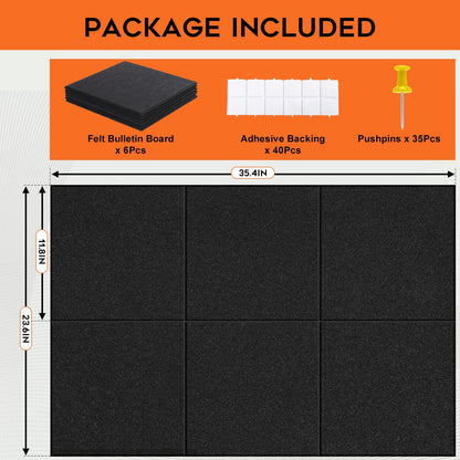 Xydstay 36x24 inches Felt Bulletin Board, Self-Adhesive, 6 Pack with Pins