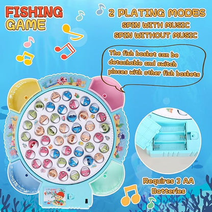 Magnetic Fishing Game Toys Rotating Board Game with Music Including 45 Fishes and 8 Fishing Poles Christmas Party Game Toys for Kids Age 3 4 5 6 7 and Up