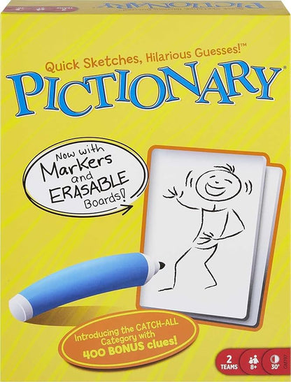 Mattel Games Pictionary Family Board Game for Kids Adults and Game Night for 2 Teams with Erasable Markers Boards and Sand Timer