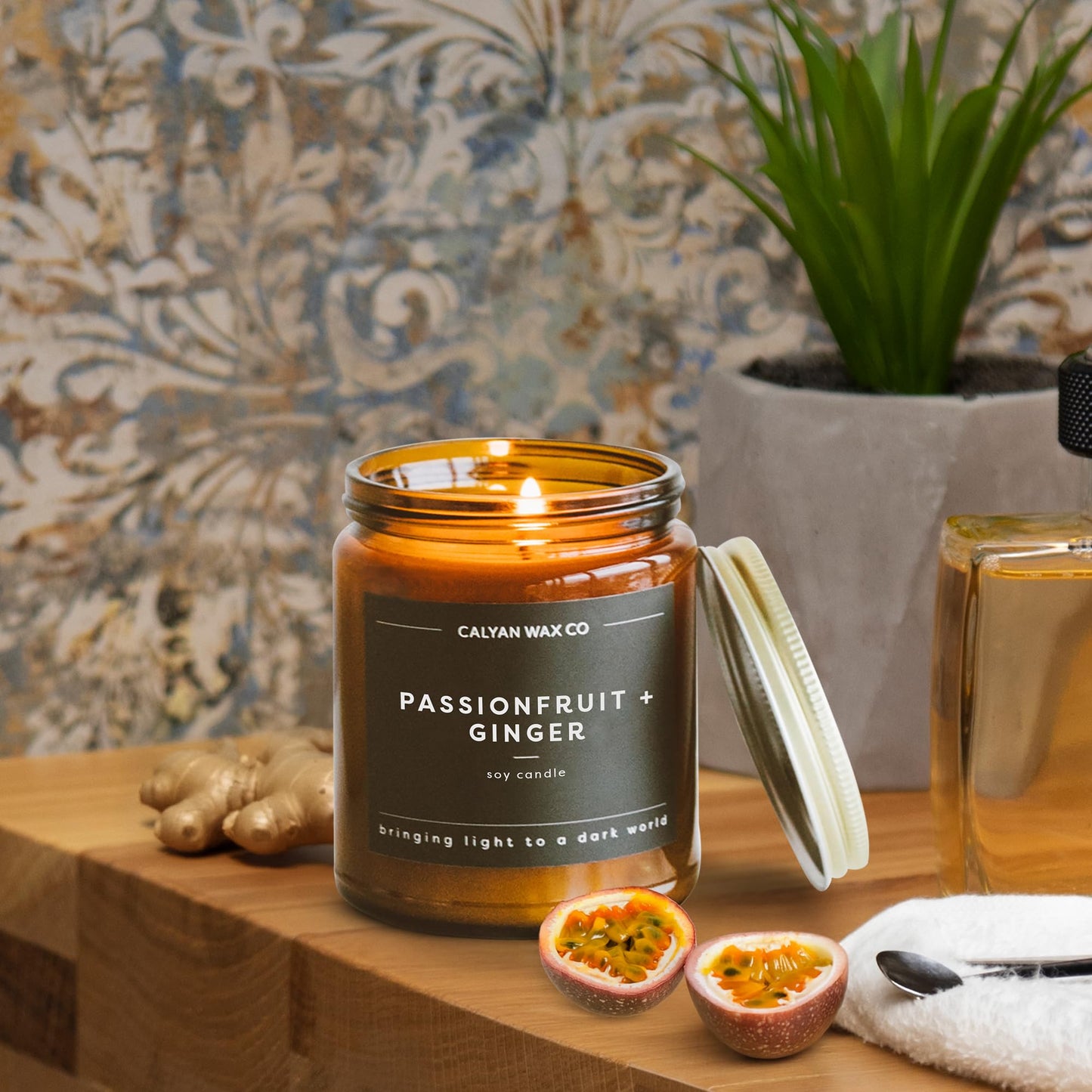 Calyan Wax Co. Passionfruit & Ginger Scented Candle - 57 Hour Burn - Luxury Clean Soy Wax Candles - Long Lasting Amber Glass Jar Candle for Home - 7.2oz