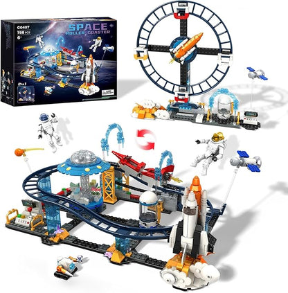 Utbttor 2 in 1 Space Roller Coaster Building Set with Rockets UFO Satellites Space Capsules Buildable City Park Friends Building Block Toys STEM Gift for Birthday Party Boys Girls Child 6+