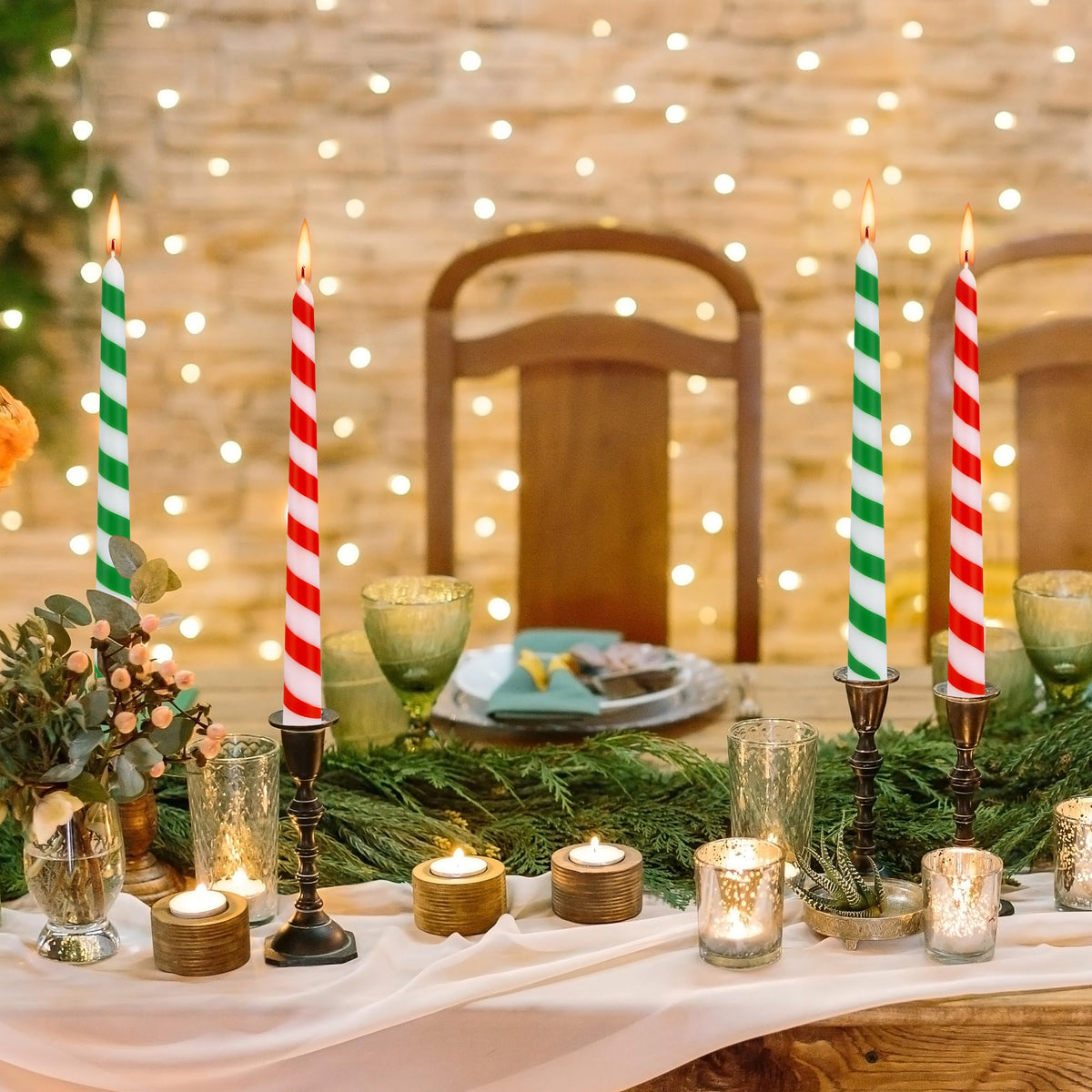 EBaokuup 6 Pcs Christmas Stripe Taper Candles,10 Inch Candy Cane Taper Candles,Red Green Christmas Decorative Tree Candles for Home Table Decor Wedding Party Centerpiece