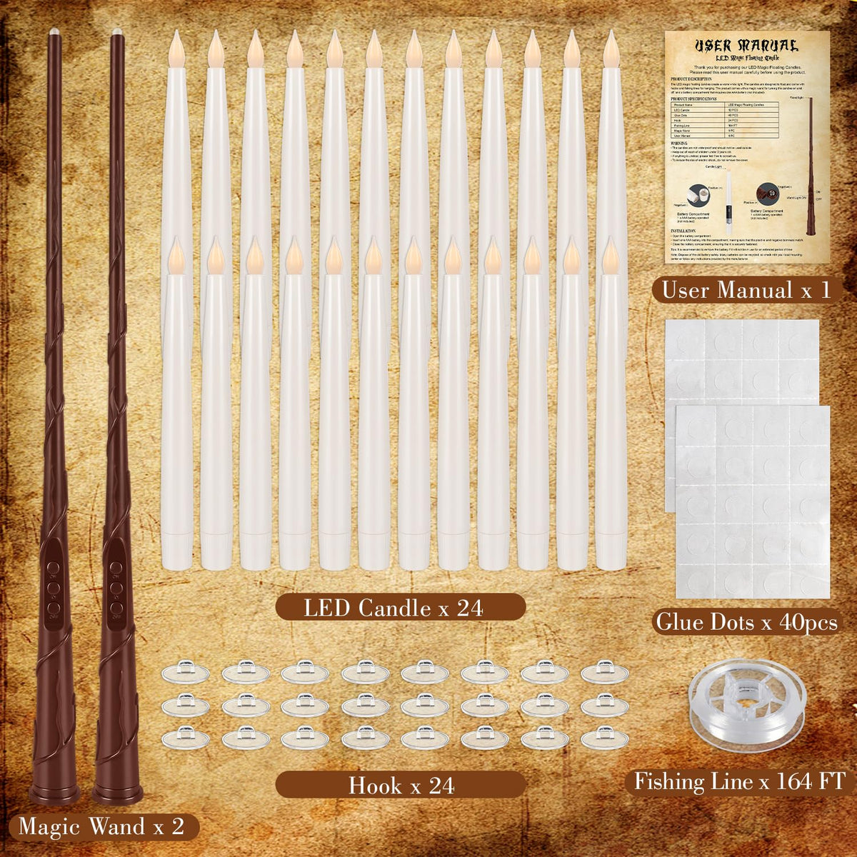 Wfmolcand 24PCS Floating Candles with Wand, Magic Hanging Candles, Flickering Warm Light LED Taper Flameless Candles with Wand Remote for Halloween,Christmas Party Decorations Indoor Deco,Bset Gift.