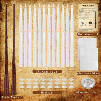 Wfmolcand 24PCS Floating Candles with Wand, Magic Hanging Candles, Flickering Warm Light LED Taper Flameless Candles with Wand Remote for Halloween,Christmas Party Decorations Indoor Deco,Bset Gift.