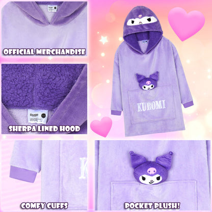 Hello Kitty Sanrio Kuromi Blanket Hoodie Girls, Teens, Kawaii Fleece Wearable Blanket with Plush, Loungewear Gifts for Girls (Purple Kuromi)