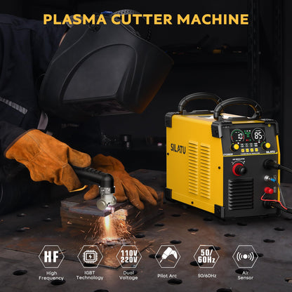 SILATU 85Amps Plasma Cutter, STC850P HF Non-Touch Pilot Arc Plasma Cutter Machine, 110/220V Dual Voltage Air Sensor Technology Digital Display, 1'' Clean Cut 5/4'' Max Cut, PT/2T/4T for Beginners DIY