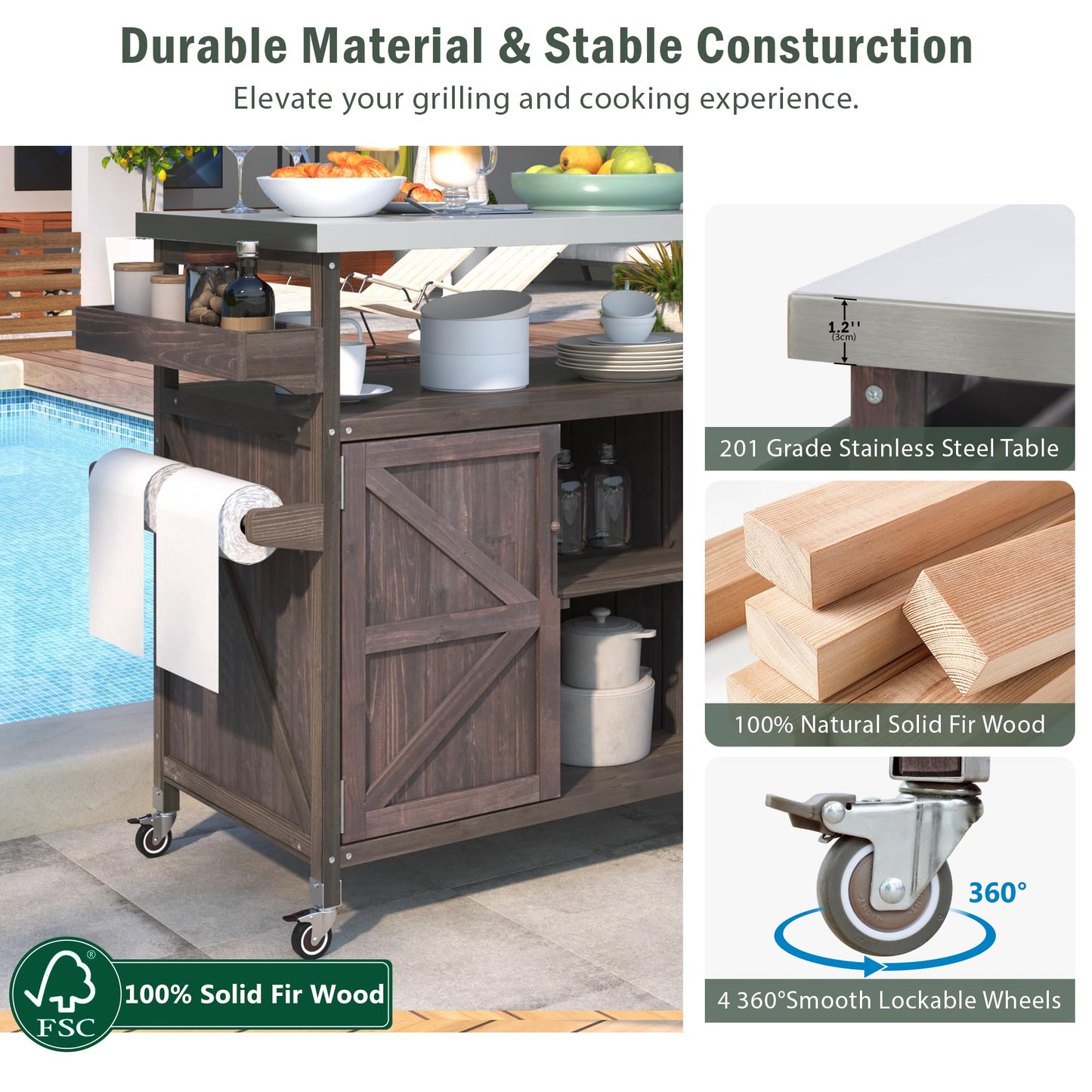 Trygoal Outdoor Grill Cart with Storage, Rolling Bar Cart and Lockable Wheels, Farmhouse Solid Wood Outdoor Grill Table with Stainless Steel Top, Spice Rack, Towel Rack for Kitchen and BBQ, Dark Brown
