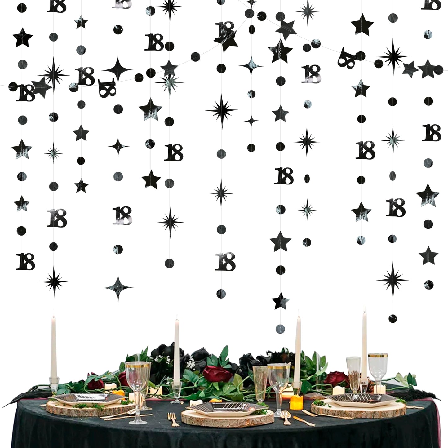 Black 18th Birthday Decorations Number 18 Circle Dot Twinkle Star Garland Metallic Streamer Banner Backdrop for Girls Boys Happy 18th Birthday Time to Adult Cheers to 18 Years Old Anniversary Party