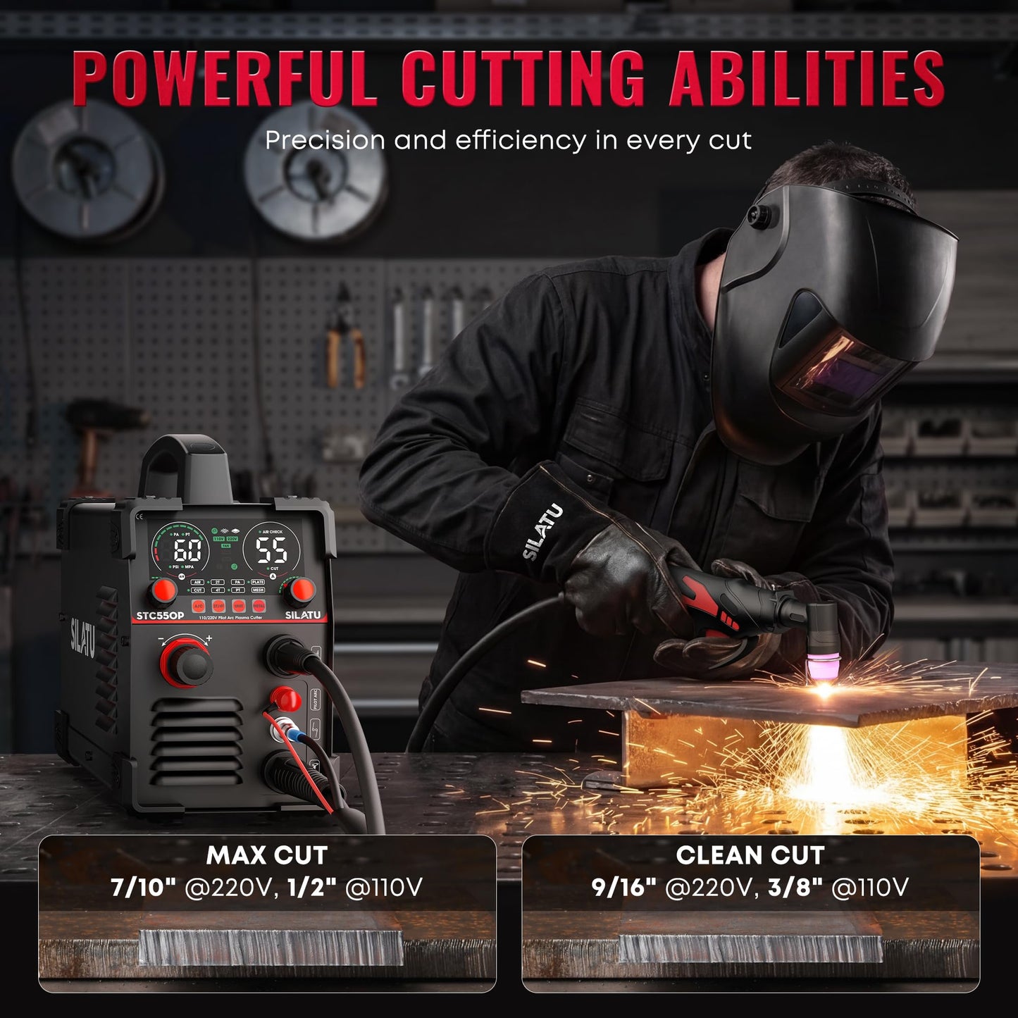 SILATU Plasma Cutter, STC550P 55Amps Pilot Arc Plasma Cutter Machine, 110/220V Dual Voltage LED Display Air Sensor, 9/16'' Clean Cut 7/10'' Max Cut, Mesh Cutting, PT/2T/4T for Beginners DIY (Black)
