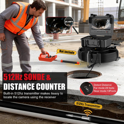 Self-Leveling Sewer Camera with 512Hz Sonde, Distance Counter, 7mm Semi-Rigid Cable, 9 Inch 1080P IPS Screen, 23mm Waterproof Pipe Inspection Camera for Plumber (100ft/30m)
