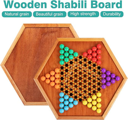 HOLYKING 12.6 Inchs Wooden Chinese Checkers with Drawer-Traditional Board Game with Set of 16mm 60+12 Colorful Acrylic Marbles Classic Strategy Family Game for up to 6 Players