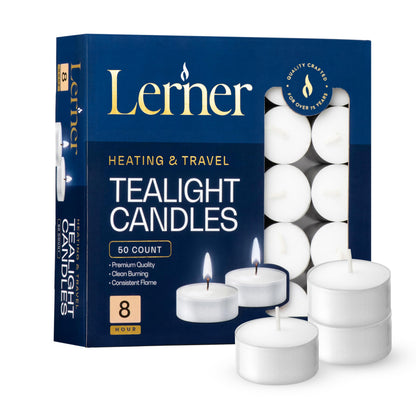 Lerner Tealight Candles, 50 Count| 8 Hours Long-Burning White Tea Light Candles| Non-Toxic, Smokeless & Soot-Free Tea Light Warmer Candles | Unscented Party, Décor, Shabbat Tea Candles