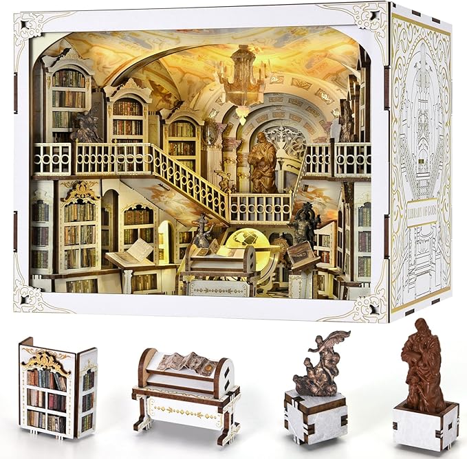 Book Nook Kit DIY DIY Miniature Dollhouse for Adults Beyond Library 3D Wooden Puzzle Bookend Bookshelf Insert Decor with LED Light Gifts for Book Lovers (Library of Gods Max)