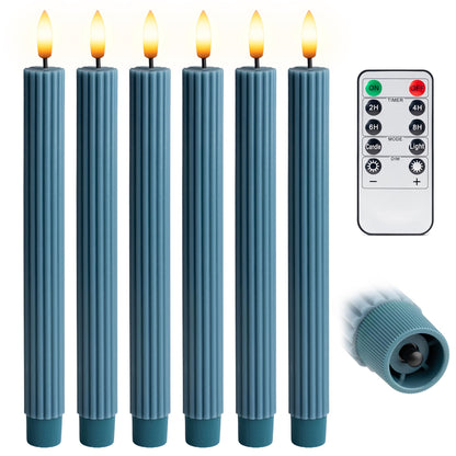 West Ivory 6 Pack, 10" LED Flameless Blue Fluted Ribbed Grooved Taper Candles, Remote & 24h Timer Memory, On/Off Button, Dimmable, Flicker Mode, Battery Operated, Christmas Menorah Wedding