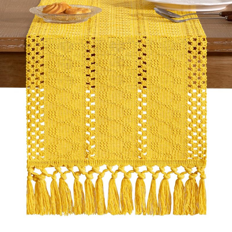 Socomi Boho Table Runner Easter Spring Farmhouse Rustic Dining Kitchen Centerpiece Decor Small Macrame Woven Cotton Linen Coffee Table Runner for Dresser Scarf Home Decor 12x60 in Yellow Gold