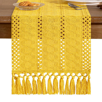 Socomi Boho Table Runner Summer Farmhouse Rustic Dining Kitchen Centerpiece Decor Small Macrame Woven Cotton Linen Coffee Table Runner for Dresser Scarf Home Decor 12x48 in Yellow Gold