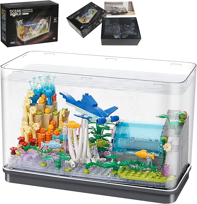 Fish Tank Building Blocks Toy SetsCreative Ideals Aquarium Building Blocks(Can add Water and Charge Light Effects) Best Choice for 6+ Boys Girls or Adults