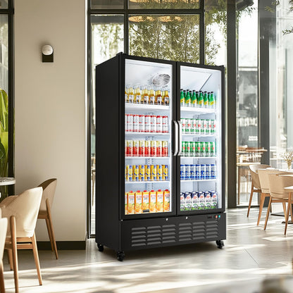 BODEGACOOLER Commercial Merchandiser Refrigerator, 36.8 Cu.Ft Double Glass Door Beverage Cooler, Upright Display Refrigerator with Soft LED Light, Adjustable Shelves, 4 Heavy-Duty Casters, Black