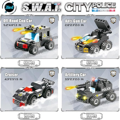 1110 PCS SWAT City Police Set Cop Car Building Set with Helicopter Boat Police Station Mobile Command Center Truck Toys in 25 Different Models Gifts for 6 Plus Year Old Kids Boys