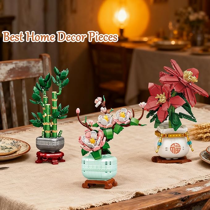 Botanicals 3 Bonsai Flowers Building Blocks Set Lucky Bamboo-Red Poinsettia-Pink Orchid Artificial Flower Bouquet Building Bricks Toy Plants Decor Ideal Valentine's Day Gift for Lover (1576PCS)