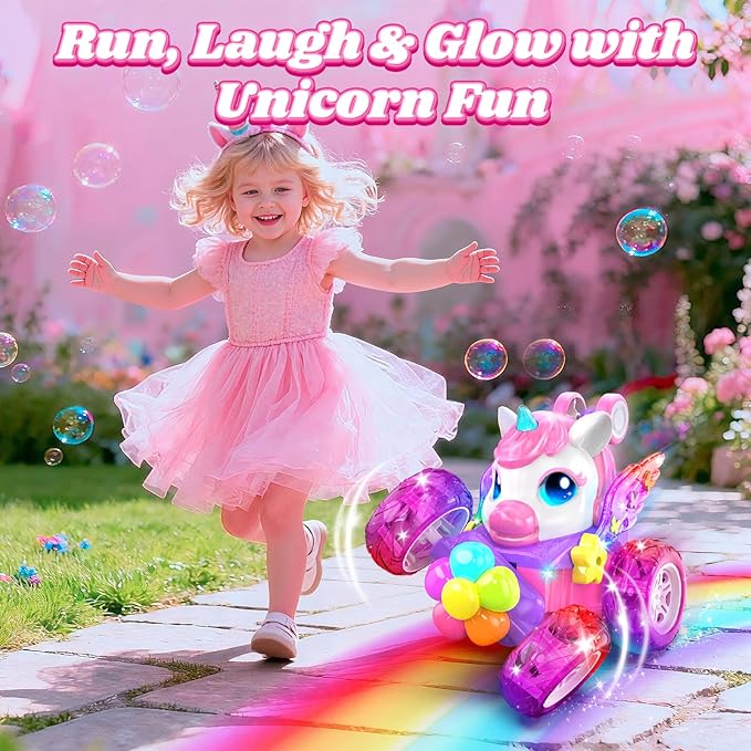 Unicorn RC Cars for Girl Toys with Glowling Crystal Wings &ampEyes Lights360°Rotation Remote Control Car Unicorn Stunt Car Birthday Gifts Easter Basket Stuffers for 3 4 5 6 7 8 9 10 Year Old Girls