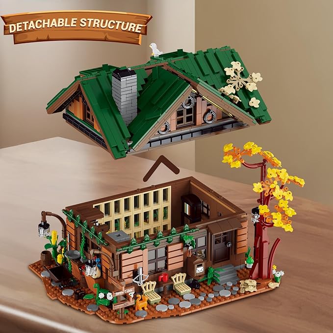 NUTCRACKER Medieval Forest Cabin Building Set with LED Light Retro Forest Log Wood House Construction Model Toy Building Set Easter Gifts for Adults Teens 14+（2234 Pieces