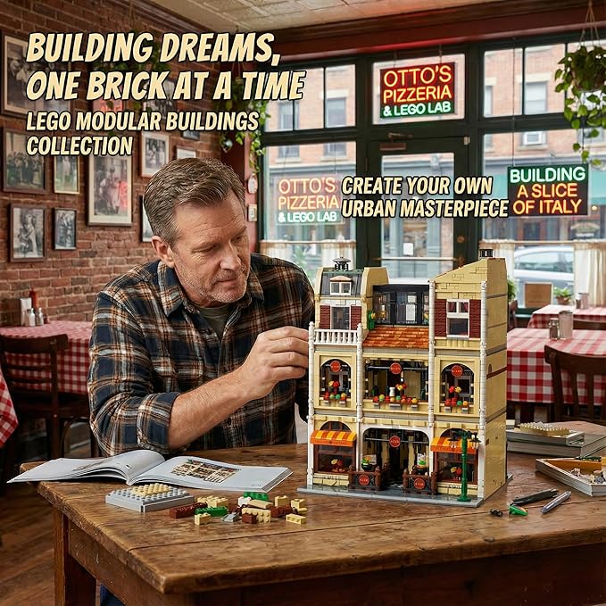 Pizza Shop Street View Building Blocks Set5588Pieces 3-Story Retro European Architecture Model with Detail Interior Scenes Collectible Modular Building Blocks for Adults &amp Teens 14+
