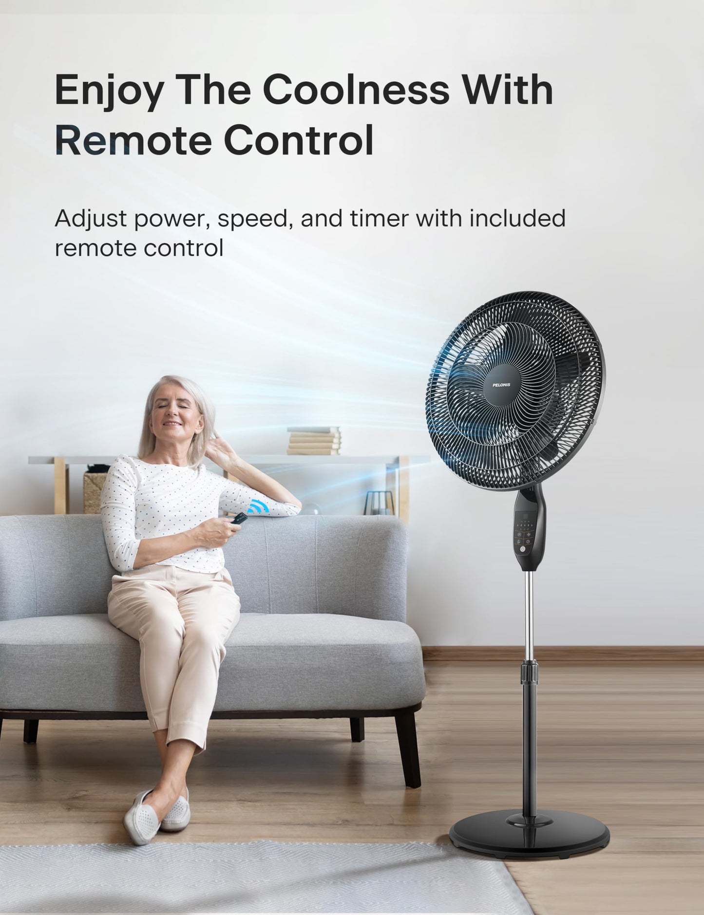 PELONIS PFS45A5BBB 18 inch 5-Blade Oscillating, Adjustable Standing Pedestal Remote, LED Display, 5 Speed Setting and 7-Hour Timer Fan, Black