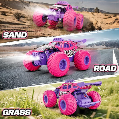 Remote Control Car All Terrain RC Cars with Speed Switch RC Truck with LED Headlight and Rechargeable Batteries 20KM/H Monster Truck Toys Gift for Girls Age 6-8 8-12 Pink