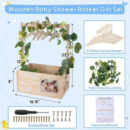 LLMQ Baby Gift Basket with Adjustable Handle, Thickened Wooden Baby Shower Crate Closet, Baby Shower Clothes Rack Storage Box, Larger Capacity Diaper Caddy Organizer (No Wreath)