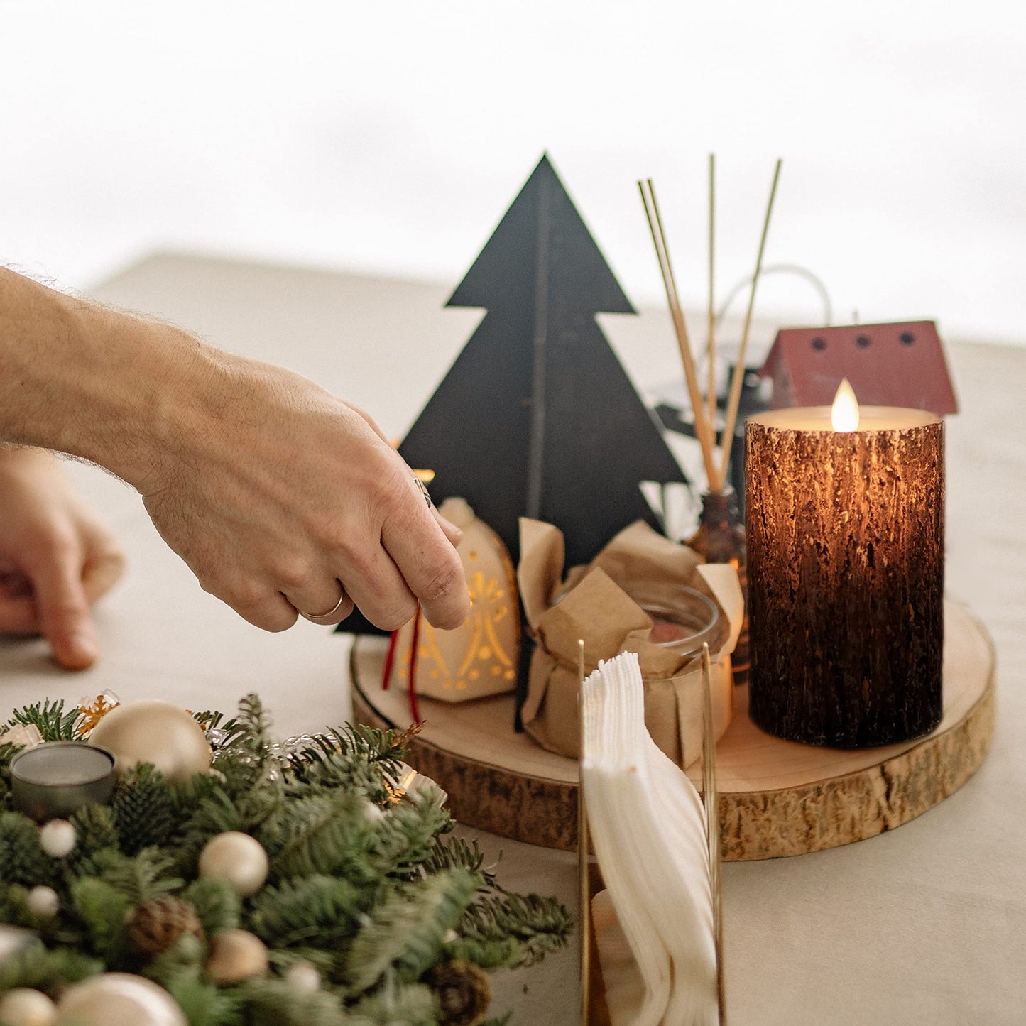 NICEME LED Pine Bark Flameless Candles with Remote Timer Set of 3 Real Wax Battery Operated Candles Flickering Moving Wick Electric Decorative Pillar Bark Candles, D3 x H4 5" 6"