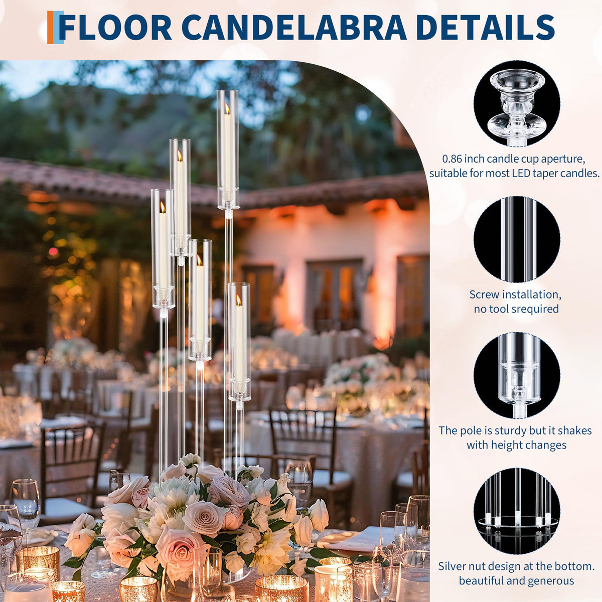 1pcs 45.7in Tall 5 Arm Acrylic Candelabra Centerpieces with Acrylic Shade for Table and Floor, Clear Candle Holders for Wedding Ceremony Birthday Party Home Decoration Fit 0.8in Candles (No Candle)