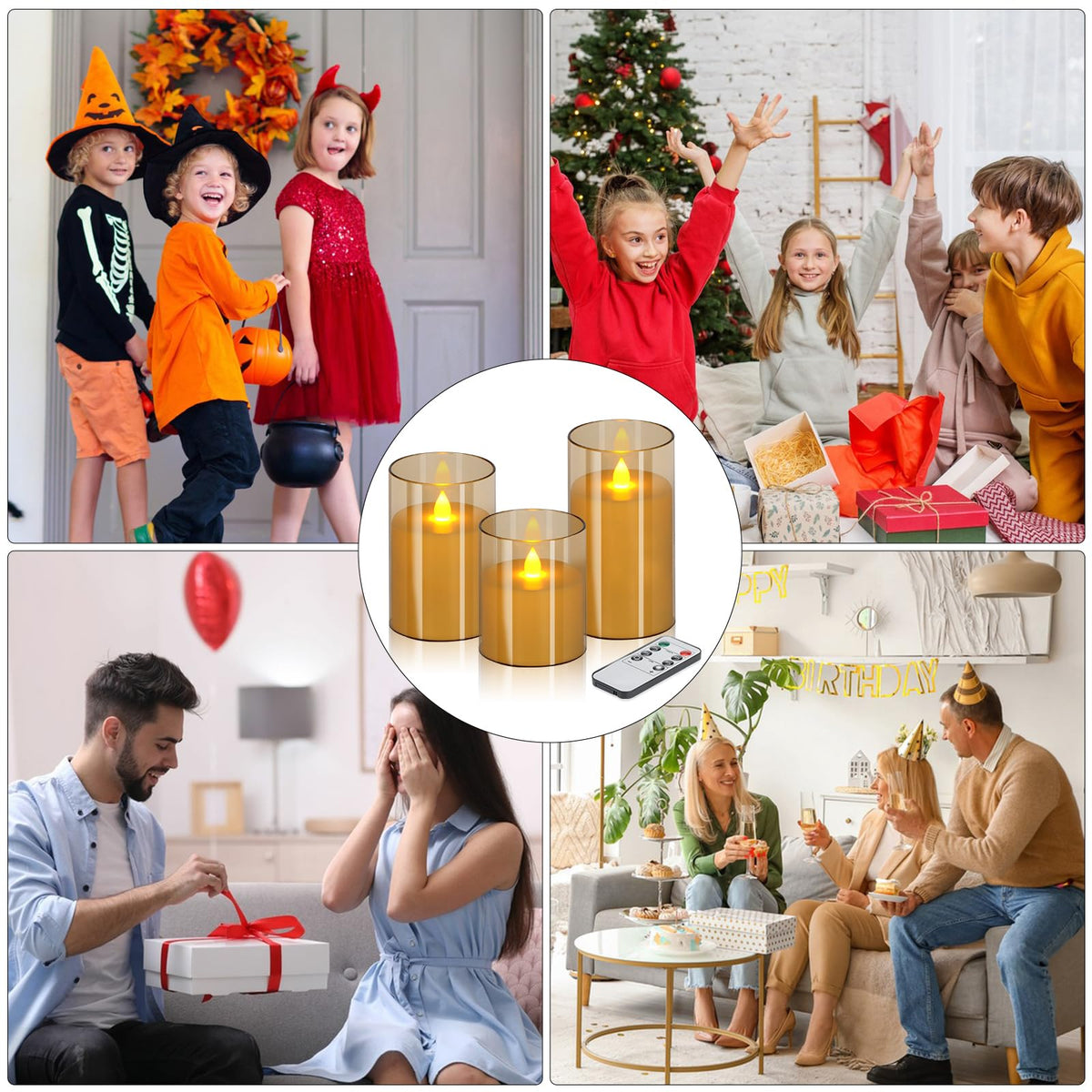 wemarry Flameless Candles 4" 5" 6" Acrylic Glass Pillars 3" Diameter Battery Operated Flickering Candles Include 8-Key Remote with Timer Function 400+ Hours (Amber, Warm Light 3 Pack)