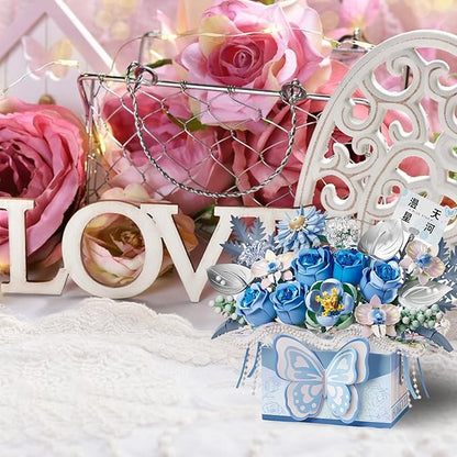 Flower Bouquet Building Blocks Model SetSimulation Artificial Rose Bonsai Plant Building Bricks ToysHandheld Gift Box Home Decor (Blue Butterfly)
