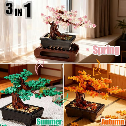 3IN1 Cherry Blossom Bonsai Tree Building Blocks Set Botanicals 3 Season Leaf Bonsai Tree Building Bricks Compatible with Lego Pink Flowers Plant Home Office Decor Ideal Gift for Adult Teen(1229PCS)