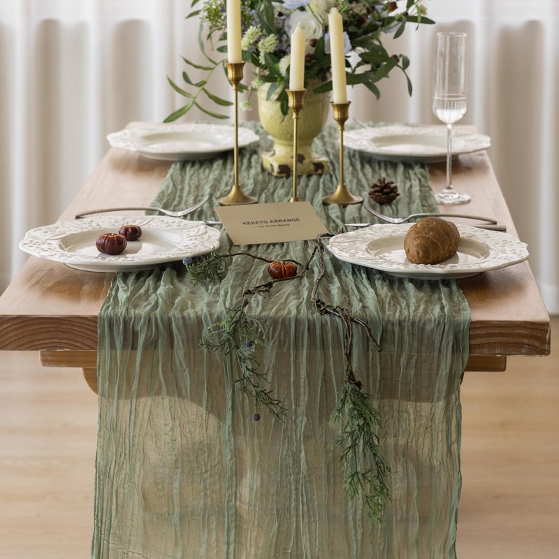 Keketoarrange Sage Green Table Runner Sheer French Country Decor Rustic Gauze Bali Yarn Cheesecloth 120 Inch 10 FT Cheese Cloth for Wedding Baby Bridal Shower Party Spring Summer Home Decorations