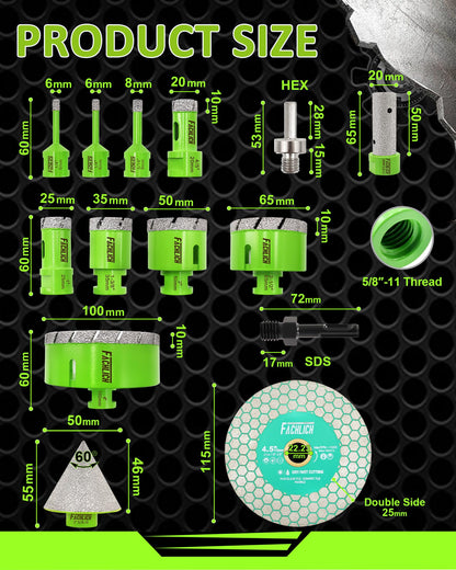 FACHLICH Tile Hole Saw Kit - 14pcs Diamond Hole Saw (6/6/8/20/25/35/50/65/100mm) with Finger Bit and Chamfer Bit, Tile Drill Bits for Porcelain Ceramic Marble Brick Granite,5/8"-11 Thread