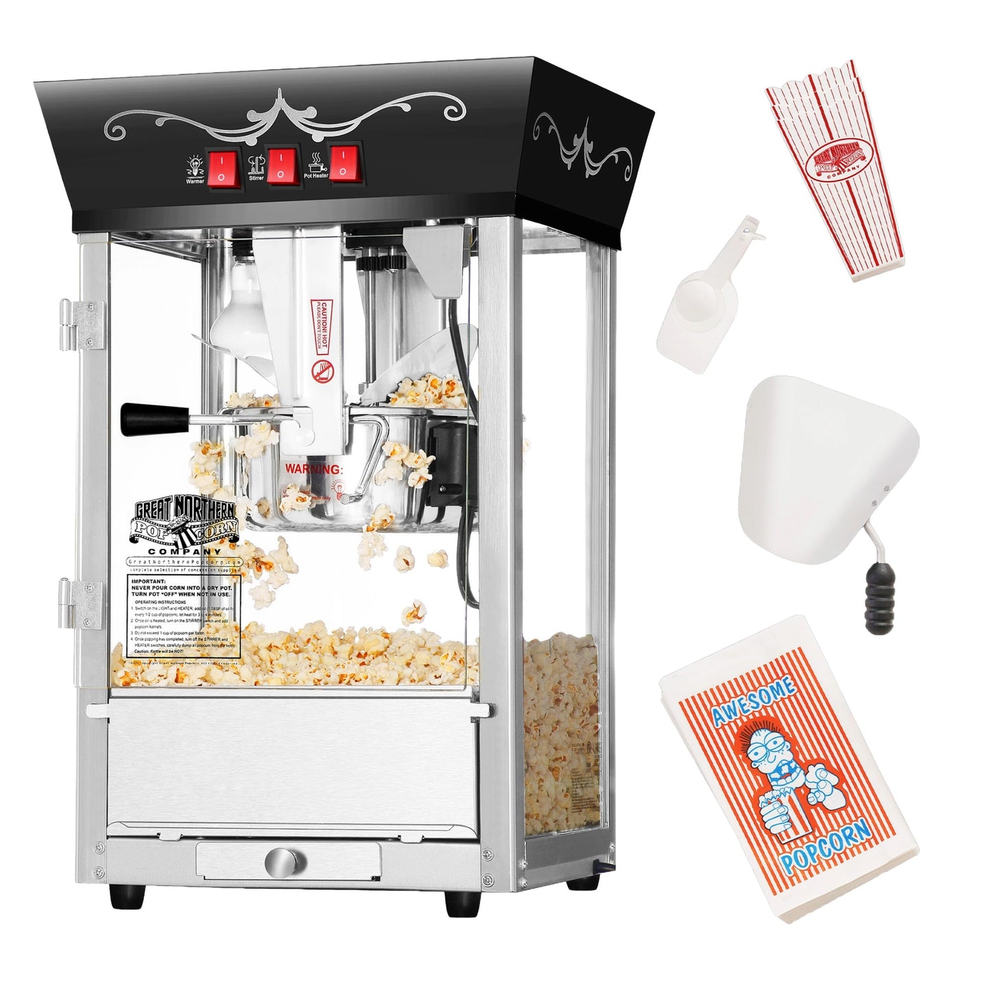 Matinee Popcorn Machine - 8oz Popper with Stainless-Steel Kettle, Reject Kernel Tray, Warming Light, and Accessories by Great Northern Popcorn (Black)